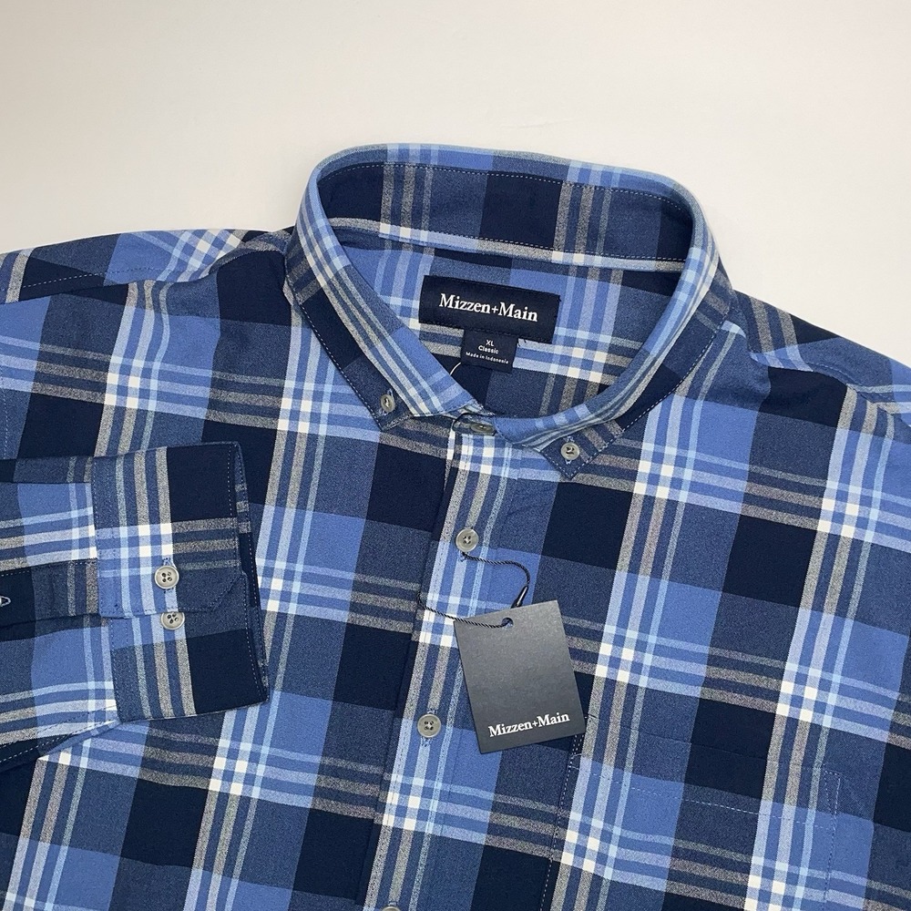 NEW Mizzen+Main City Flannel‎ Shirt Men's XL Classic Denim Blue William Plaid